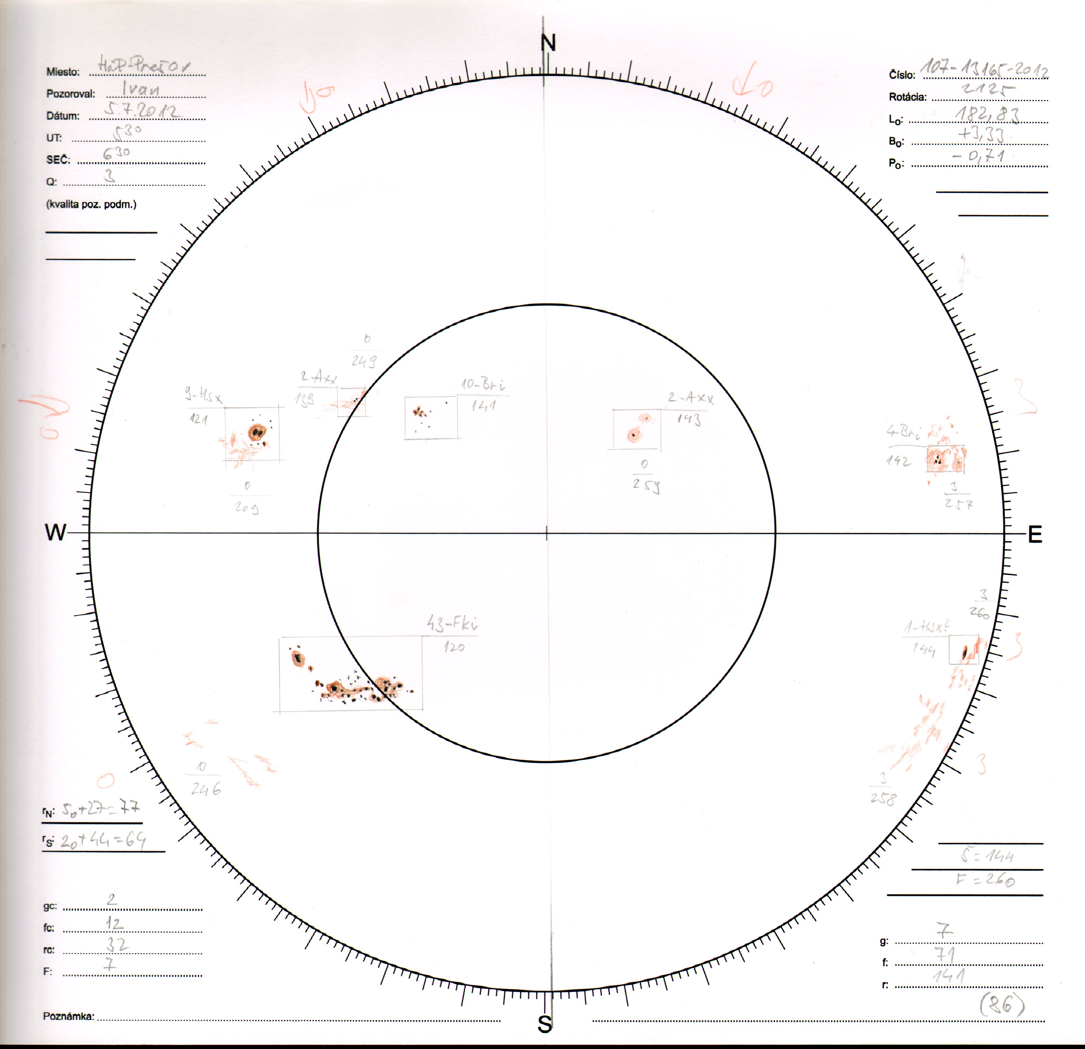 Obrázok zákresu Slnka na deň 05.07.2012